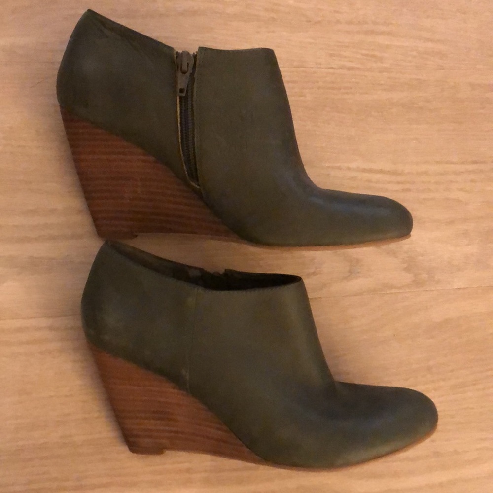 Nine West Olive Green Leather Wedge Booties